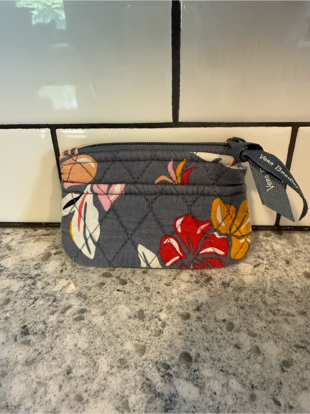 Vera Bradley Gray Quilted Floral Coin Pouch with Multicolor Flowers